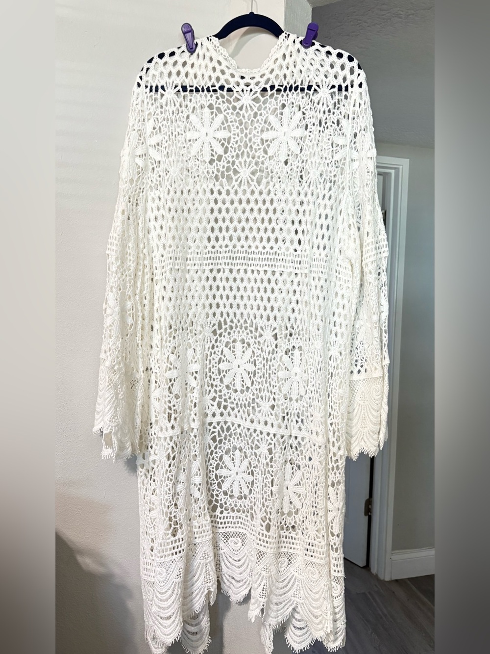 Roaman's Plus Size White Crochet Longline Openwork Cardigan - Picture 16 of 16